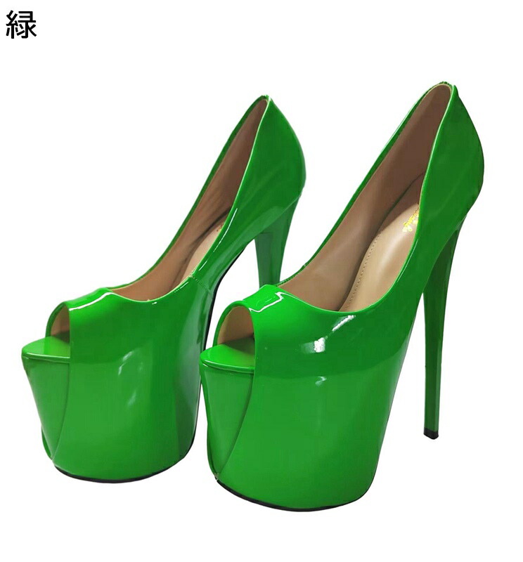 パンプス 22-30cm ピンヒール ハイヒール19cm 防水台7.5cm レディース エナメル オープントゥ ダンス 夜店 ギャル風 キャバ嬢風 原宿 セクシー 派手 超高い 大きいサイズ グリーン ピンク 黒 白|NatsuShop 店