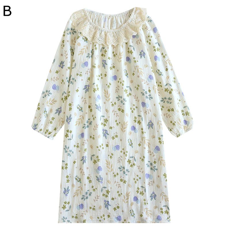 パジャマ ワンピース 二重ガーゼ レディース 綿100 コットン ルームウェア 長袖 レース フリル 小花柄 かわいい 寝巻き 部屋着 薄手 四季適用 おしゃれ 肌触りがいい ギフト 白 ホワイト