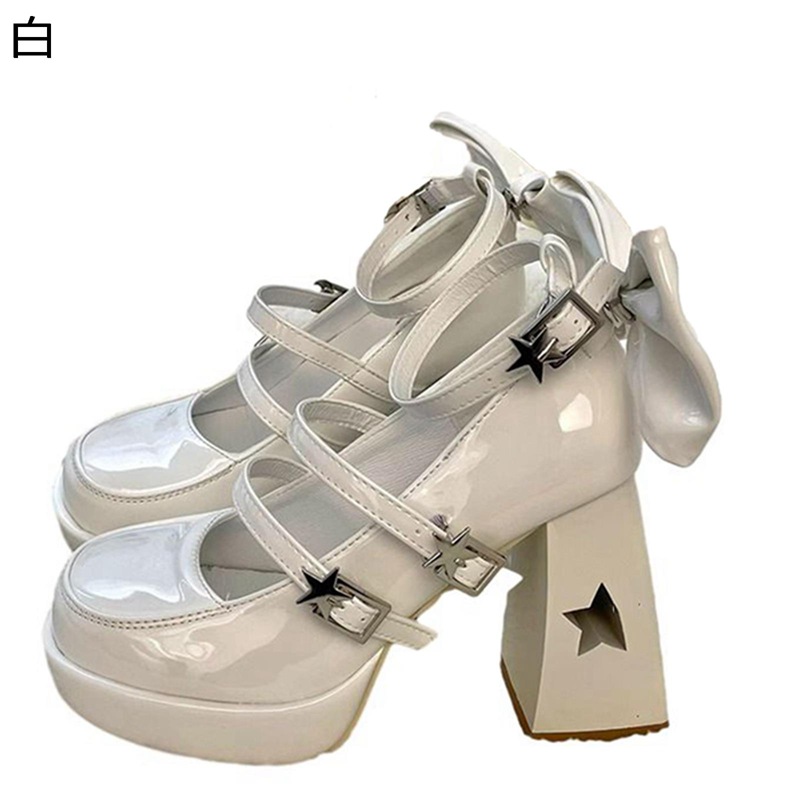ロリータ靴 パンプス ハイヒール レディース 蝶結び 透かし彫り 星バックル リボン メリージェーン 粗いかかと ファッション カジュアル オシャレ フェミニン 結婚式 お茶会 きれいめ 四季通用