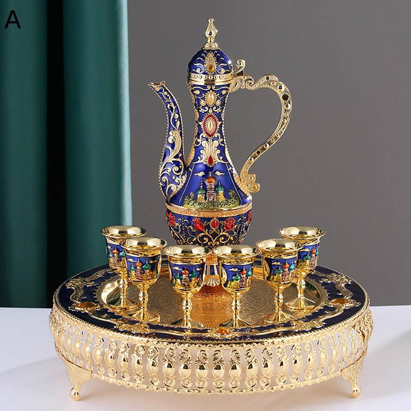 酒器セット 合金製 徳利 お猪口セット とっくり ぐい呑み おちょこ セット 酒水差し 酒盃 酒器揃 台座付き 持ち手付き 北欧風 宮廷風 素敵 シンプル 8点セット ギフト プレゼント 家庭用 来客用 結婚祝い