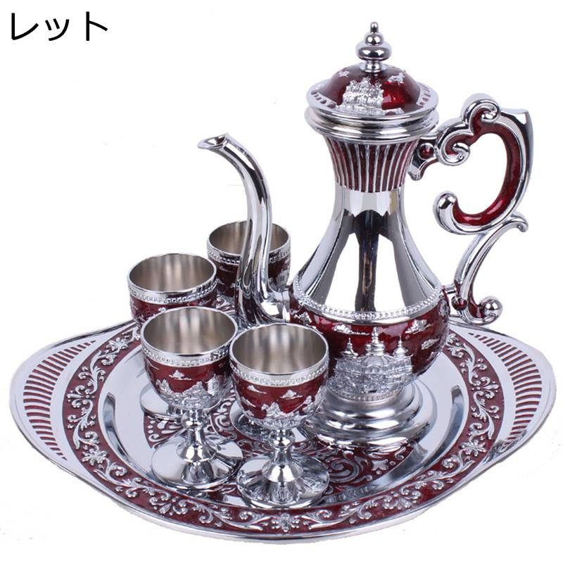 酒器セット 6点セット 銅製 徳利 とっくり セット ぐい呑み おちょこ 酒盃 酒器揃 お酒入れ 持ち手付き チャイナ風 宮廷風 徳利+お猪口4個 トレー付き エレガント お洒落 おしゃれ ギフト プレゼント 家庭用｜NatsuShop 店