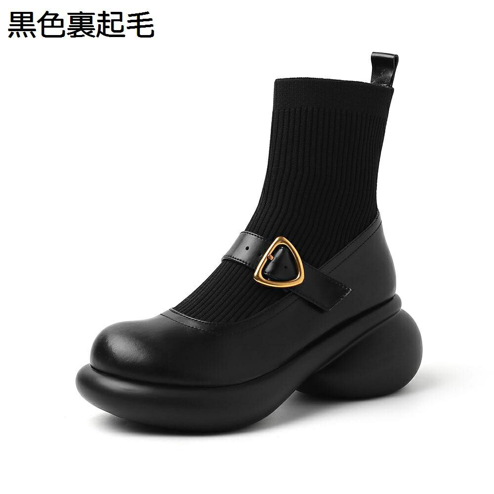 ショートブーツ 厚底 ソックスブーツ 本革 レディース アンクル丈 ストレッチ 足細 丸いソール 秋用 短靴 ミドル丈 履きやすい おしゃれ 滑り止め かわいい ストラップ付 カジュアル パーティ ストリート 10,319円