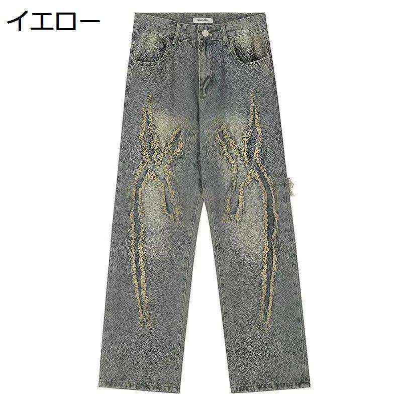デニムパンツ ローエッジ メンズ ジーパン デザインセンス ストリートモード レジャー ボトム ラクチン ゆったり ルーズ ダメージ加工 ロングパンツ ナチュラル感 耐摩耗性 ワイドデニム 秋冬