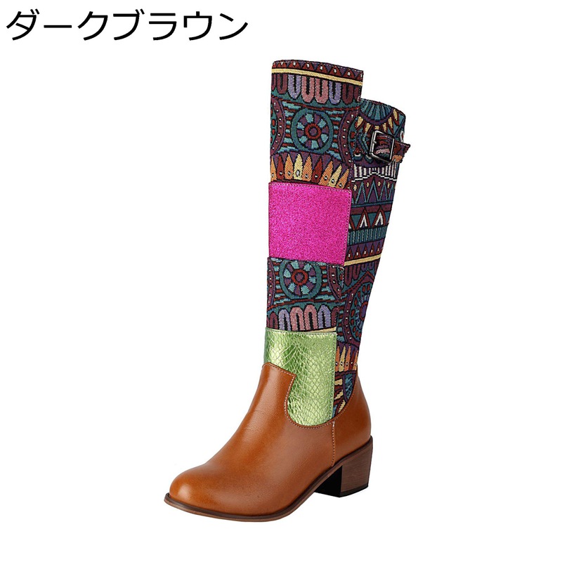 ウエスタンブーツ 太踵 ロングブーツ エスニック風 刺しゅう パッチワーク うつり変わり ポインテッドトゥ チャンキーヒール レディース 青写真観念 流行り物系 気が大きい大きさ 乗り尻ブーツ 高筒