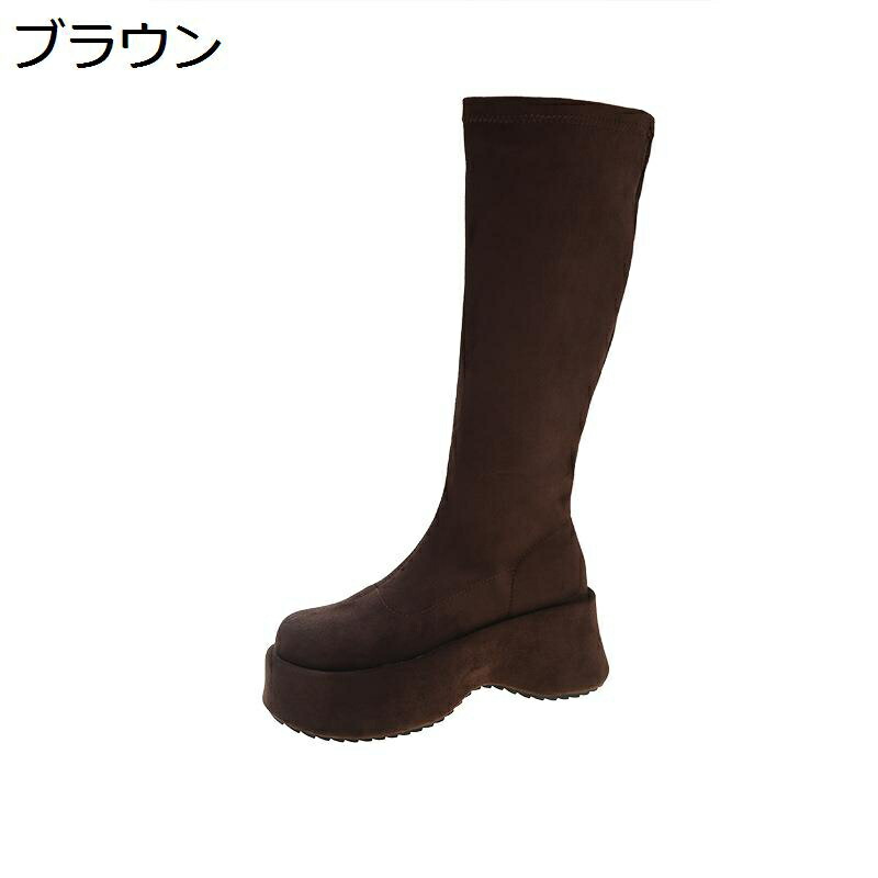 厚底ブーツ レディース スエード ブーツ ミドルブーツ ゆったり 美脚 ガーリー系 プラットフォーム スニーカー風 クッション性 カジュアル 大きいサイズ ストレッチ ロングブーツ 滑り止め 身長up