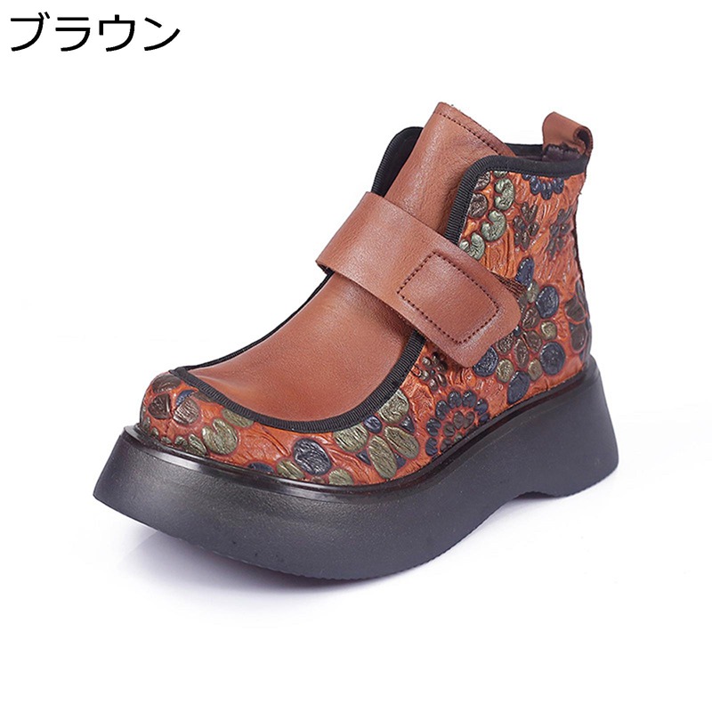 ショートブーツ レディース レザー マジックテープ 花柄 花飾りパッチワーク ジップアップ 短靴 ミドルヒール チャンキーヒール スクエアトゥ 秋用 冬靴 ファッション 滑り止め やわらか