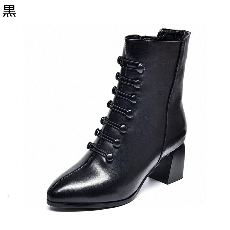 レディース ショートブーツ バックル ハイヒール 本革 レザー 切り替え 短靴 ファスナー チャンキーヒール アーモンドトゥ 安定感 耐磨耗 身長アップ 細見え オシャレ 高見え お洒落 軽い