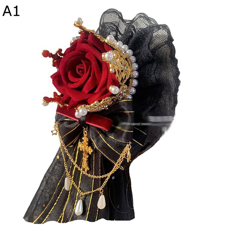 王冠 ヘッドドレス ベール ロリータ風 Lolita 暗黒系 薔薇 パール チェイン ローズ ヘアアクセサリー 女王 華麗 花丸クリップ カクテルハット クロス ヴェール 姫様 レース刺繍 結婚式 ウェディング ハロウイン