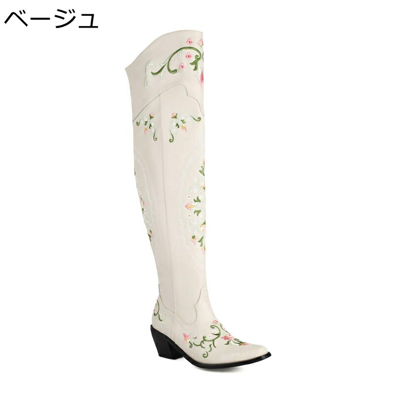 お花刺繍 ロングブーツ ニーハイブーツ ハイヒール6cm 28cmまで 大きいサイズ ポインテッドトゥ 粗いかかと 騎士ブーツ サイドジッパー レディース 秋冬用 ファッション おしゃれ 履きやすい メンズ 女装