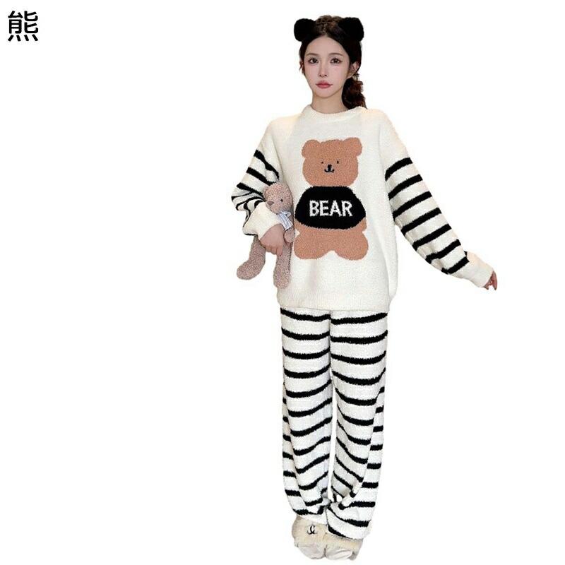 上下set ネルパジャマ ルームウェア 熊柄 かわいい 寝巻き レディース フランネル 両面起毛 発熱 ぱじゃま 厚手 ふわふわ 柔らか ゆったり シンプル クリスマス 便利服 ナイトウェア 秋冬着 フリーサイズ