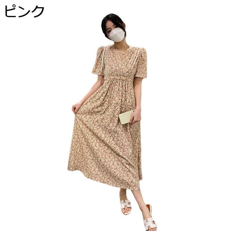 ワンピース 花柄ドレス レディース 春夏 着痩せ Vネック Aライン クロス 薄い 涼しい ワンピ ミモレ丈 ハイウエスト ふんわり プリーツ コーデやすい 謝恩会 お出かけ カジュアル オシャレ