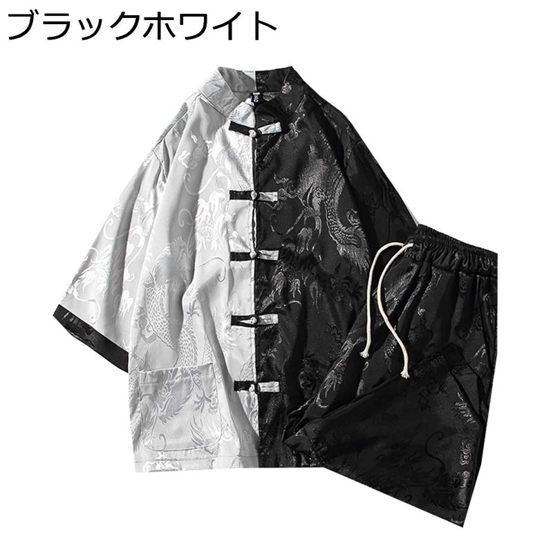 唐装 唐背広 メンズ プルオーバー 半袖 綿100 中華風 上下仕掛ける 龍柄 刷り上げる バイ色つや 薄べったい カッコイイ 心地好い 当たること冷感 馬鹿でかい大きさ 個人的特徴 表どおり系 お出掛け 運動競技 旅する 夏 砂浜