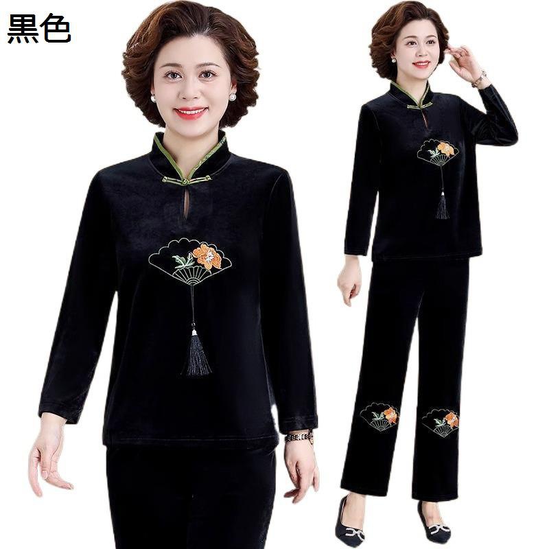 シニアファッション 刺繍シャツ 長袖 上下セット ベルベット 中高年 スリム 高齢者 レディース チュニック 9分丈パンツ ズボン 防寒 ゆったり 通気性 チャイナ風 お出かけ リゾート 贈り物 秋服|NatsuShop 店