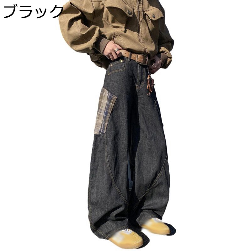 原宿系 デニムパンツ チェック柄 パッチロザイン パッチワーク風 ロングパンツ メンズ ジーパン ブーツカットデニム アメカジ ストリート ジーンズ 春秋着 Gパン カーゴパンツ ビッグシルエット｜NatsuShop 店