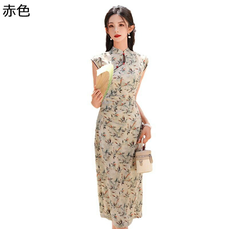 チャイナ服 チャイナドレス ワンピースドレス レディース 枯葉柄 プリント チャイナ風 中華服 ドレス 二次会ドレス コスプレ 民族風 ロング丈 ファッション 春秋 プレゼント 女装 仮装 卒業式