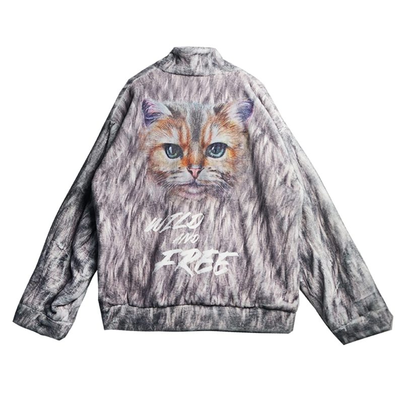 ボアジャケット フリースコート フェイクファー レディース メンズ 猫柄 厚手 冬 保温 グレー もこもこ ジャンパー ゆったり ブルゾン パーカー 防寒 かわいい 個性的 カジュアル ファッション