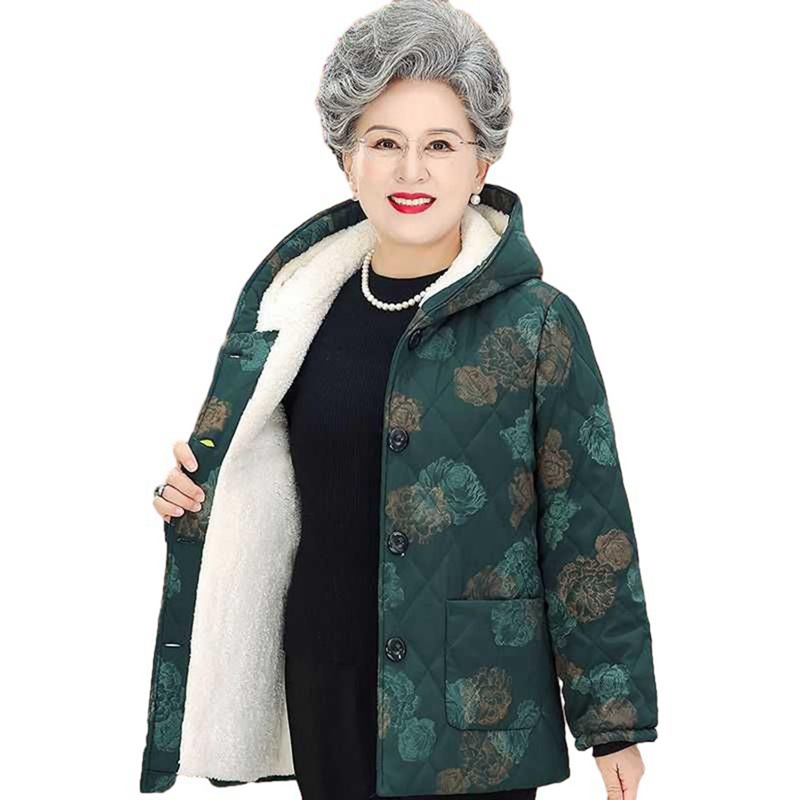 祖母 中綿キルティングジャケット 裏ボア レディース 花柄 綿服 キルトブルゾン 高齢者 婦人服 裏起毛 シニアアウター 老人 お年寄り フード付き 防寒着 60代 70代 敬老 カジュアル 大きいサ