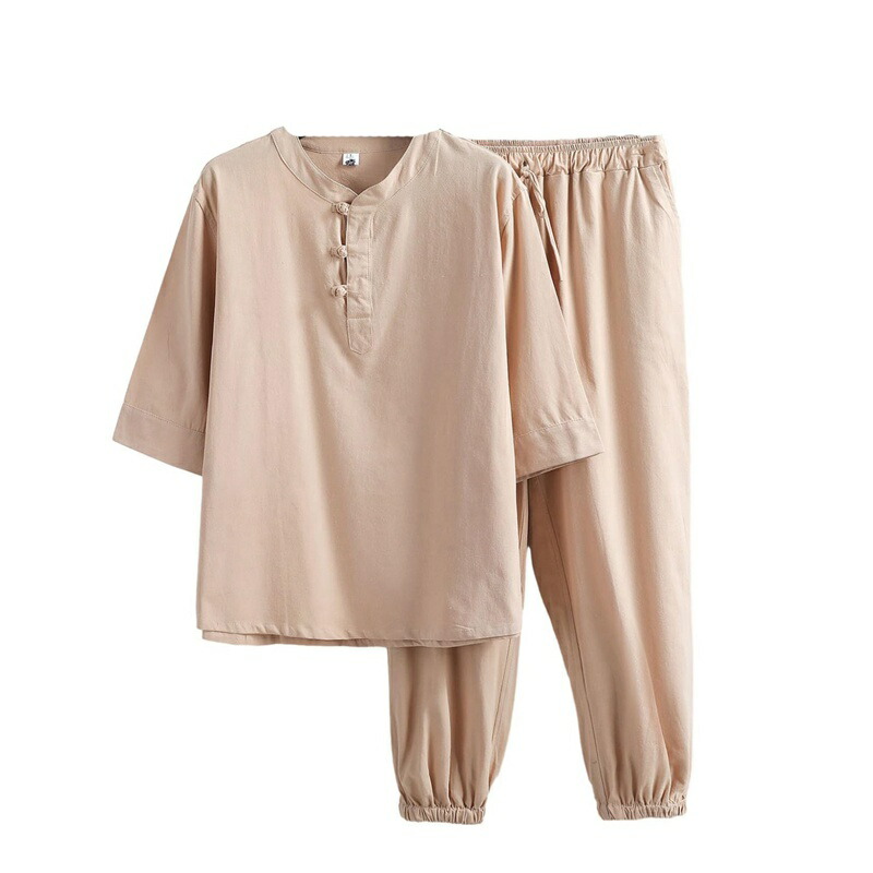 シャツ チャイナ服 メンズ ２点セット 半袖シャツ 中華服 伸縮性ウエスト 丸襟 大きいサイズ トップス 無地 綿麻風 tシャツ 夏 薄手 ゆったり チャイナボタン カンフー服 太極拳服 デイリー カ