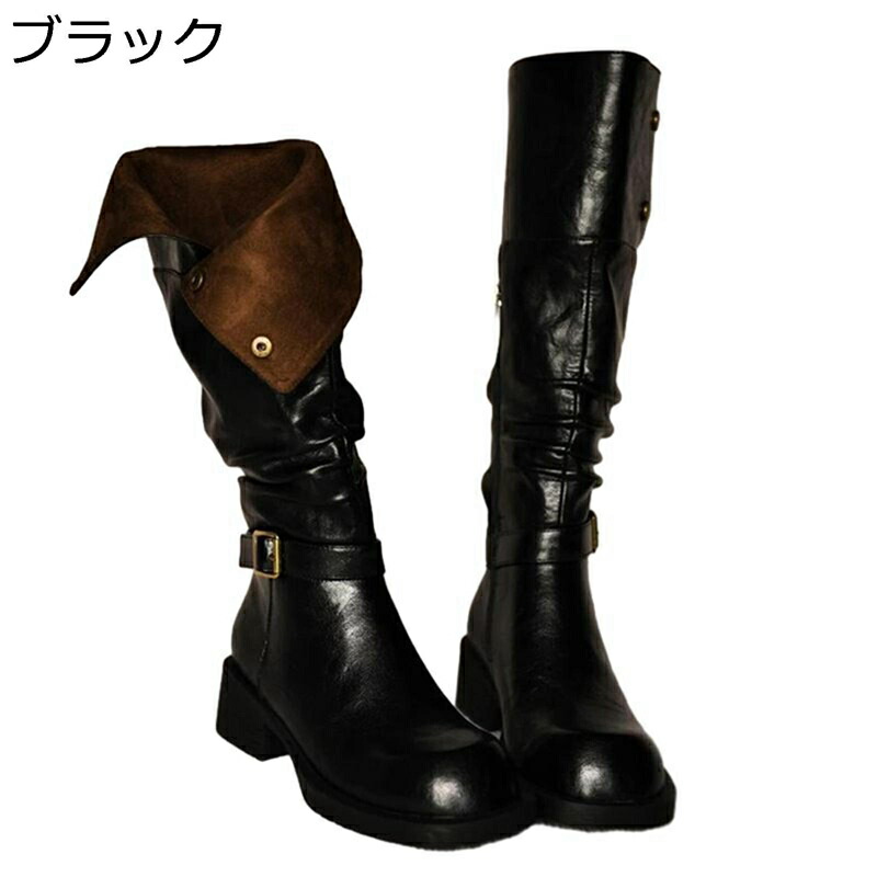 ミドルブーツ レディース ジョッキーブーツ 折り返し 牛革 ブラック 安定感 ゆったり ラウンドトゥ 美脚 厚底 秋 ヴィンテージ カジュアル デイリー レトロ調 通勤 お出かけ オフィス|NatsuShop 店