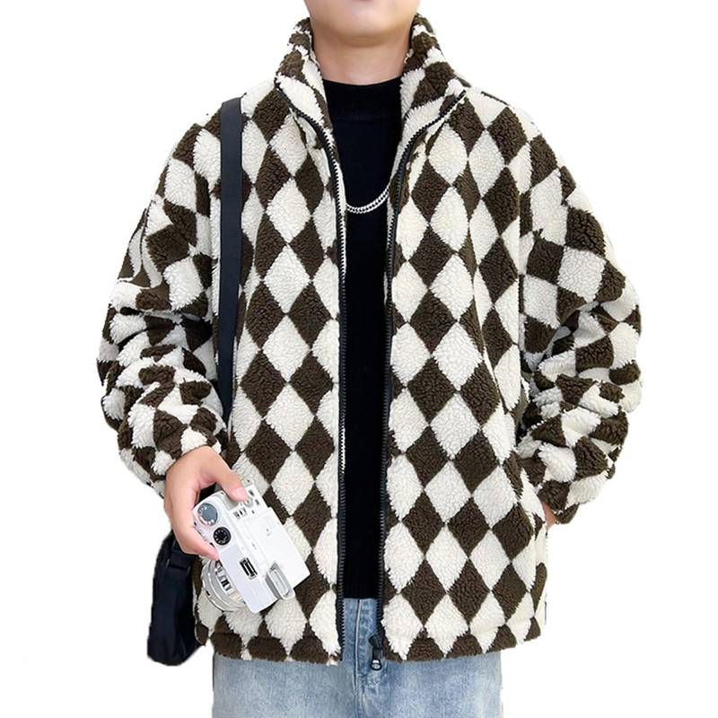ボアフリース チェック柄 ジャケット おおきいサイズ メンズ レディース アウター ボアコート ショート丈 秋 冬服 ジップアップ 厚手 あったかい パーカー カジュアル ゆったり もふもふ 若者