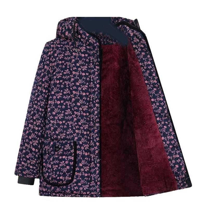 ボアジャケット 花柄 高齢者 レディース キルティングジャケット 裏起毛 ブルゾン 厚手 冬 フード付き 婦人服 お年寄り 祖母 シニアアウター 防風 保温性 防寒着 モコモコ 老人 50代 60代