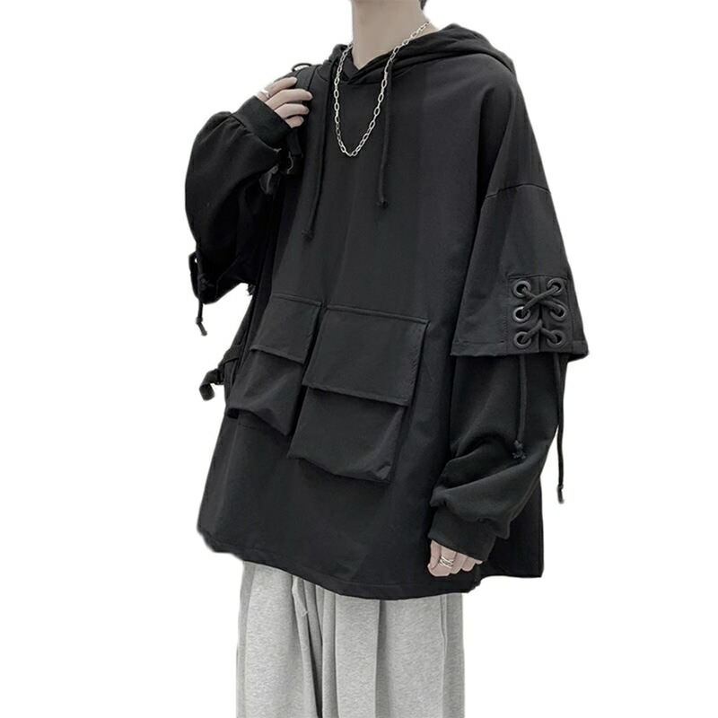 フルオーバー s-3xl メンズ 長袖パーカー フード付き メンズ 個性的 ポケット付き ひも付き レイヤード 春服 上着 デイリー 快適 薄手 ワーク 韓国風 通学 ランニング ウォーキング ブラッ