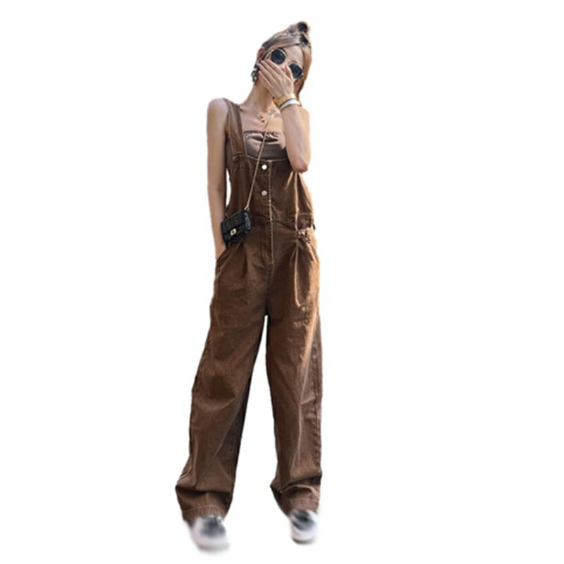 サロペット 作業服 レディース デニム オールインワン 長め オーバーオール ワイドパンツ ブラウン ポケット付き レトロ 欧米風 サスペンダーズボン ストレート ガウチョパンツ ゆったり ロングパン
