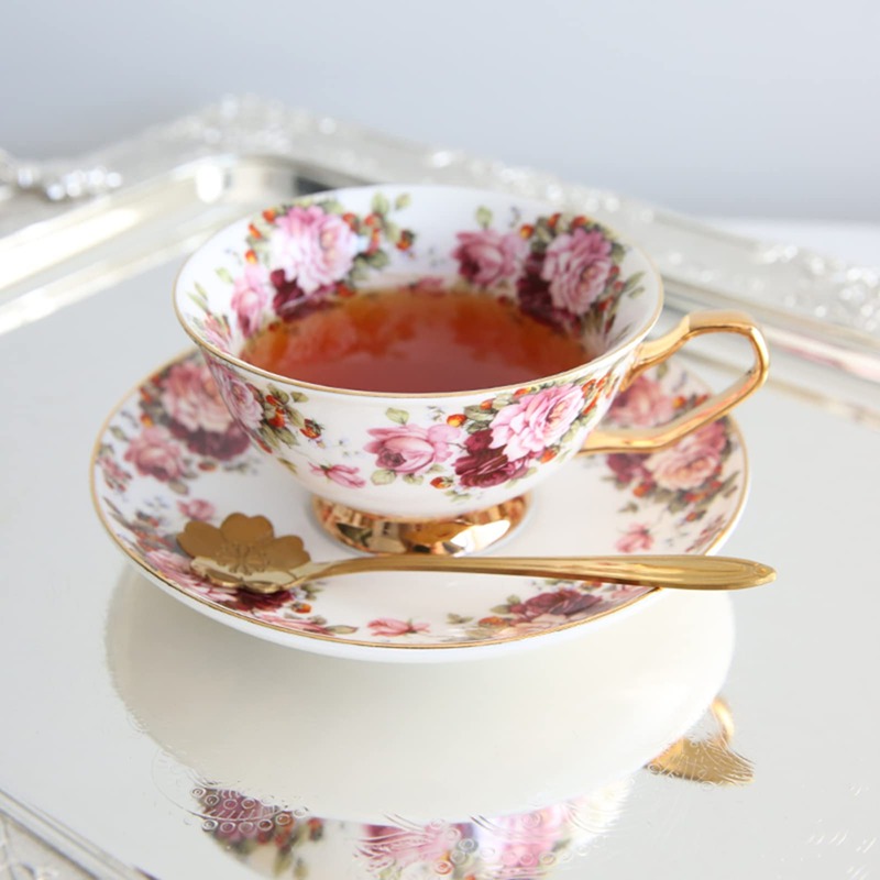 コーヒー ティー カップ ソーサー セット 陶器 花鳥柄 油絵柄 桜スプーン付き 宮廷風 フランス風 ティーポット ヴィンテージ 薔薇 牡丹 エレガント アフタヌーンティー プレゼント 200cc