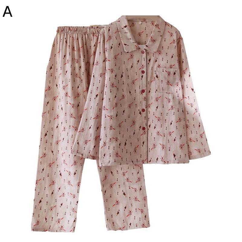 パジャマ レディース 上下セット 長袖 ロングパンツ 綿100 コットン 部屋着 寝間着 便利服 吸汗 通気 ガーゼ ボタン 折り襟 開襟シャツ ブラウス 柔らかい 薄手 ゆったり 萌え萌え 春 夏 秋