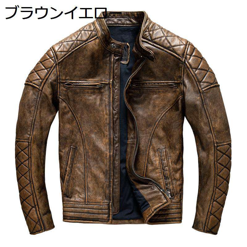 メンズ レザージャケット 牛革 ライダースジャケット バイカー 防風 保温性 本革コート ブルゾン 秋服 ジッパー 細身 立ち襟 ヴィンテージ バイク 作業 登山 ストリート