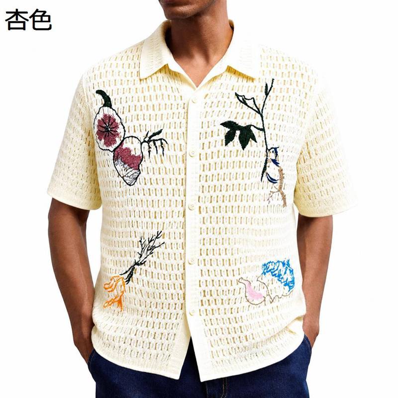 編み物プルオーバー メンズ 半袖 クロシェ編み スポーツシャツ 透かし編み 夏時編み物 ジレー 襟付き添い人 刺しゅう レトロ 心地好い 羽織り 前食い違い