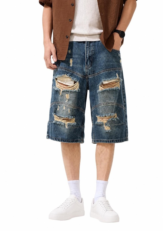 メンズ デニムハーフパンツ ダメージ加工 ワイドシルエット ヴィンテージ風 ストリート系 膝丈 ゆったり ショートパンツ カジュアル ジーンズ｜NatsuShop 店