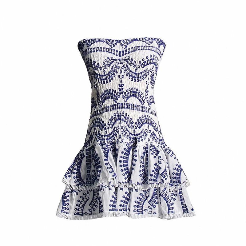 ベアトップ ワンピース レディースドレス サマー リゾート ミニ丈 シャーリング レース 刺繍 チューブトップ ティアード フリル 体型カバー ゆったり 着痩せ さらさら ファッション｜NatsuShop 店