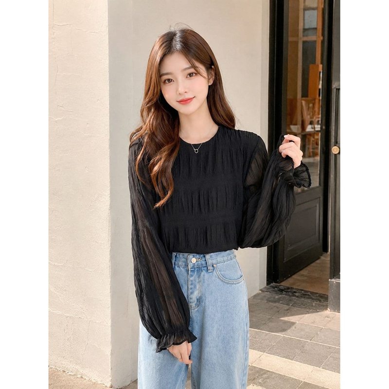 ブラウス レディース 長袖 シアー シャツ 透け感 大人可愛い きれいめ 上品 シャーリング プリーツ クルーネック ボリューム袖 バルーンスリーブ シフォン 軽やか さらさら｜NatsuShop 店