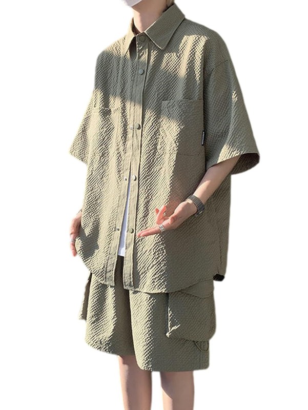 メンズ 開襟シャツ ハーフパンツ セットアップ 大きいサイズ ブラウス ジャケット 夏服 ショートパンツ スーツ 半ズボン 半袖 アウター 短パン トップス カジュアル 無地 シンプル 部屋着 ゆった|NatsuShop 店