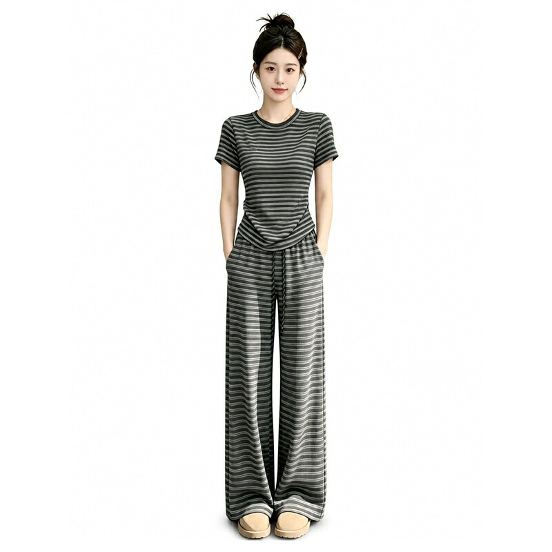 セットアップ レディース 夏 半袖 黒い縞 ロングパンツ 上下セット スウェット 夏服 ジャージ ゆったり 大きいサイズ 普段着 カジュアル 韓国 お洒落 女性 ルームウェア ウエストゴム クルーネッ｜NatsuShop 店
