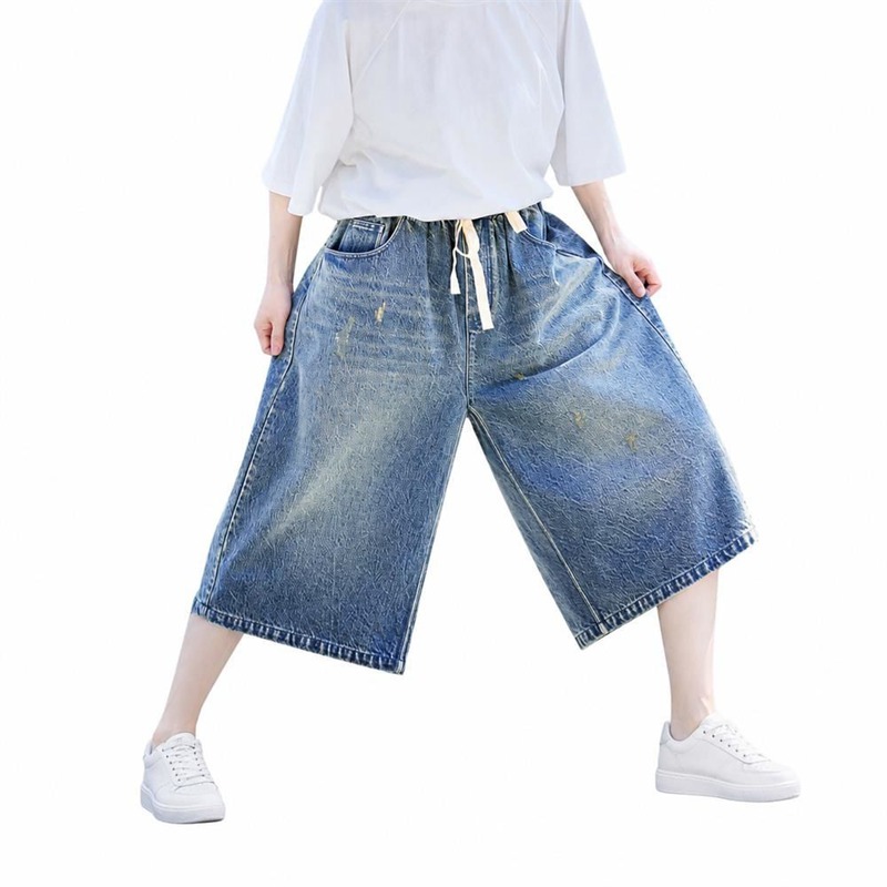 デニムハーフパンツ ワイドパンツ ガウチョ ジーパン レディース 五分丈 ウエストゴム ヴィンテージ風 ゆったり ジーンズ 体型カバー ダメージ|NatsuShop 店