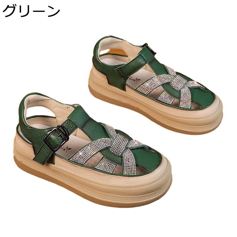 透かし彫りデザイン 夏用 スニーカー レトロ風 5cm厚底 レディース ローカット バックル かわいい 無地 革 サンダル メッシュ ベルクロ 防滑 ゴム 通勤通学 キラキラ付きー ストラップ