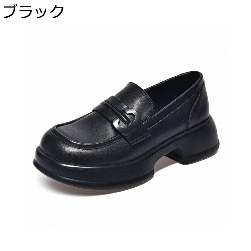 ローファー レディース 本革 パンプス 柔らか 厚底 スリッポン C形金具飾り 4cm太ヒール 身長アップ 軽量 疲れない 滑り止め 美脚 細身 婦人靴 旅行 散歩 日常 春秋｜NatsuShop 店