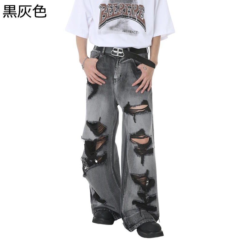 デニムパンツ ジーンズ メンズ ワイドデニム ルーズシルエット ダメージ加工 パンク 男性 袴パンツ ボトムス 大人 ゆったり ストリート系 カッコイイ レギュラー リラックス 秋用 春秋 オートバイ