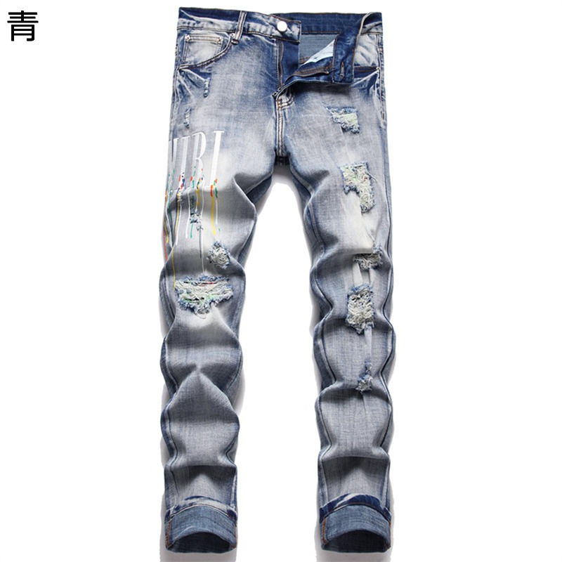 Gパン デニムパンツ 細め ストレッチ メンズ ボトム ダメージ加工 ズボン ロングパンツ 大人 ウォッシュ加工 プリント ファッション 厚手 かっこいい 個性 hip hop 春夏秋 復刻 アメカジ 快適