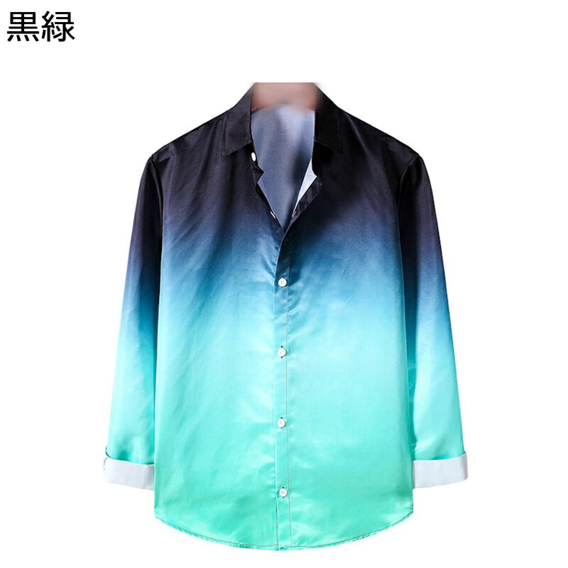 メンズシャツ 開襟シャツ グラデーション 長袖 青 紫 ピンク 緑 春服 秋着 ジャケットシャツ トレンド ファッション 韓国風 薄め 体型カバー 羽織り 軽量 通気性 速乾 汗染み防止 トップス 会社 学生 日常