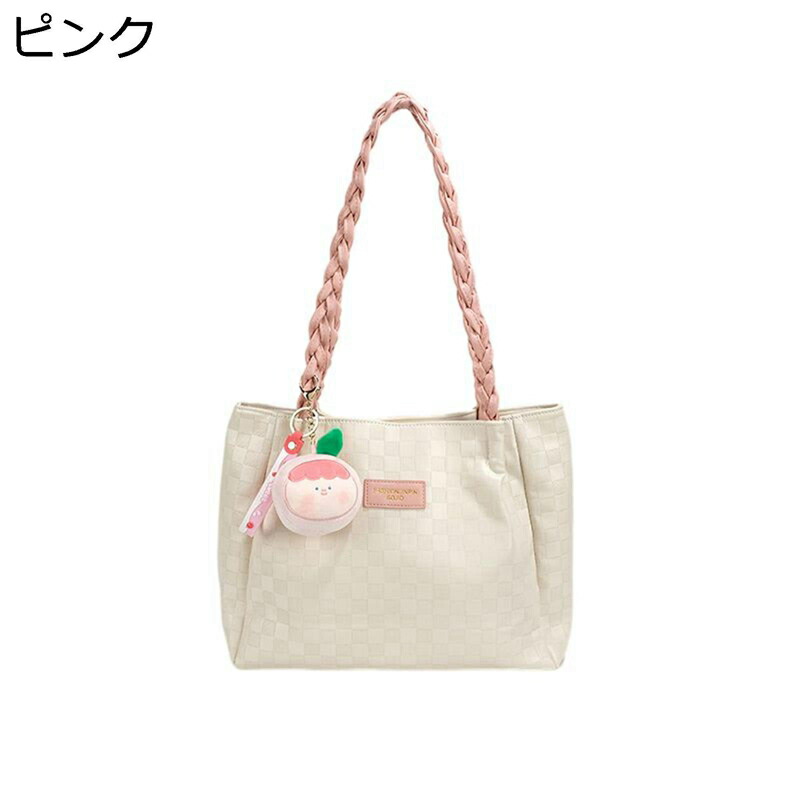バッグ レディース トート ぬいぐるみ付き かわいい ジップ付き チェック柄 トートバッグ 通勤バッグ かばん 手提げ 大容量 合皮 大きめ お洒落 シンプル カジュアル 軽量 女性 通勤 通学 一泊旅行