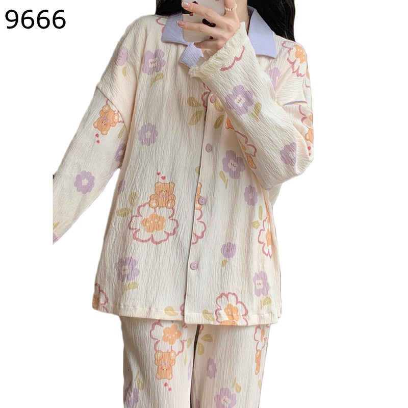 ルームウェア 花柄 花 熊 クマ柄 レディース パジャマ 春秋服 胸パッド付き 2着セット ロングパンツ 寝間着 寝巻き シャツ 吸汗速乾 柔らかい肌触り エレガント 快適 女性用 贈り物 外出着