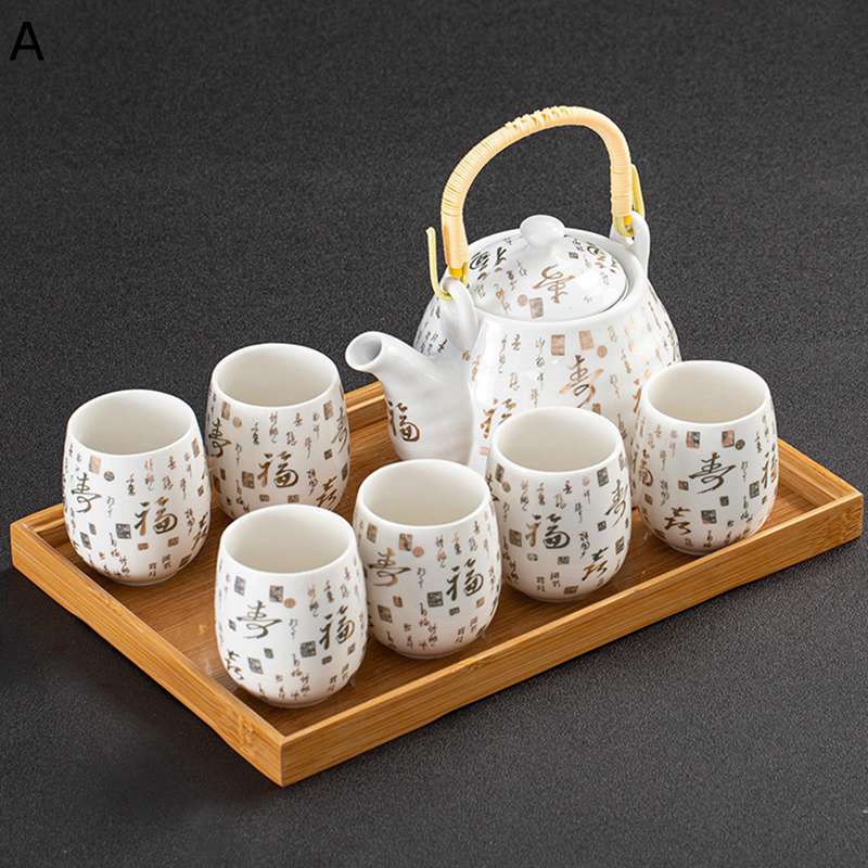 番茶器セット 急須セット 6客セット 漢字柄 山水柄 福字 茶字 工夫茶 大容量ポット 手提げ 茶器乾燥ティートレー ティーセット 湯呑 茶皿 陶器 コンパクト 和風急須 携帯用 旅行用 お出かけ用 自宅用