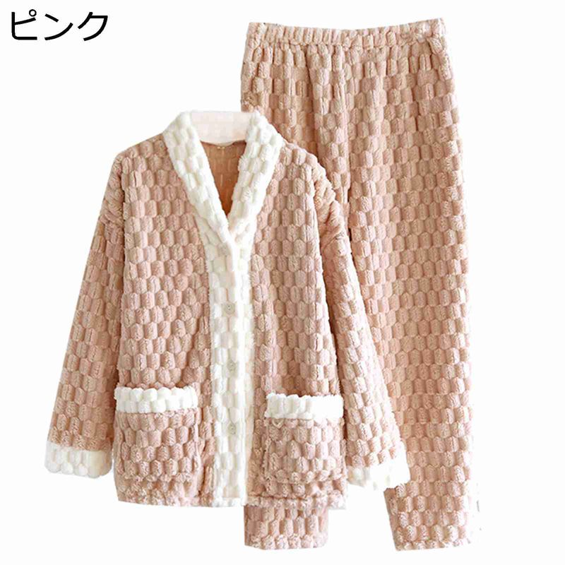 パジャマ ボアフリース レディース 秋冬 ルームウェア フランネル 上下セット もこもこ 前開き 可愛い 厚手 保温 暖か ノーカラー 寝巻き ナイトウェア 両面起毛 快眠 冷え取り 冬用 防寒 部屋着 婦人