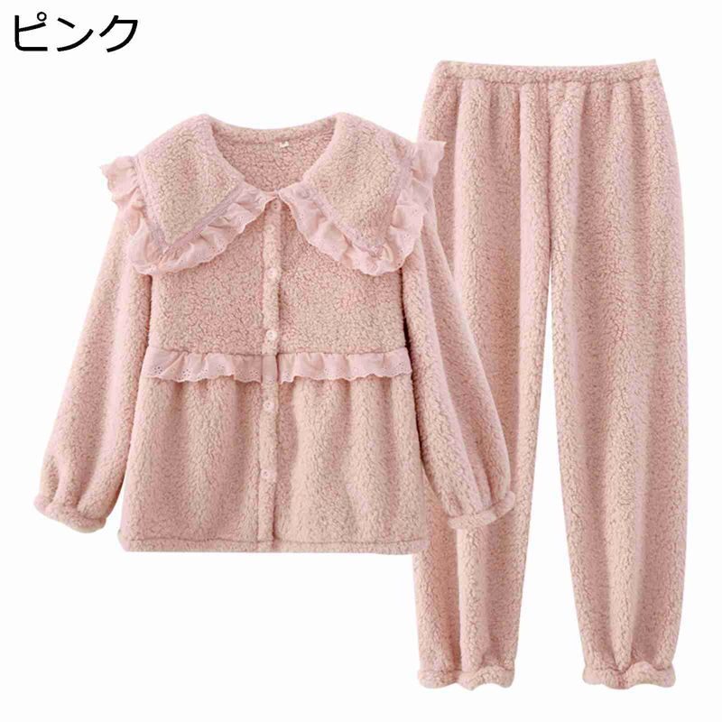 秋冬 パジャマ フランネル レディース ルームウェア ボアフリース 襟レース 可愛い 寝巻き 厚手 上下セット 姫系 丸襟 両面起毛 あったか 肌に優しい 冬用 ふわもこ 防寒向き素材 部屋着 婦人