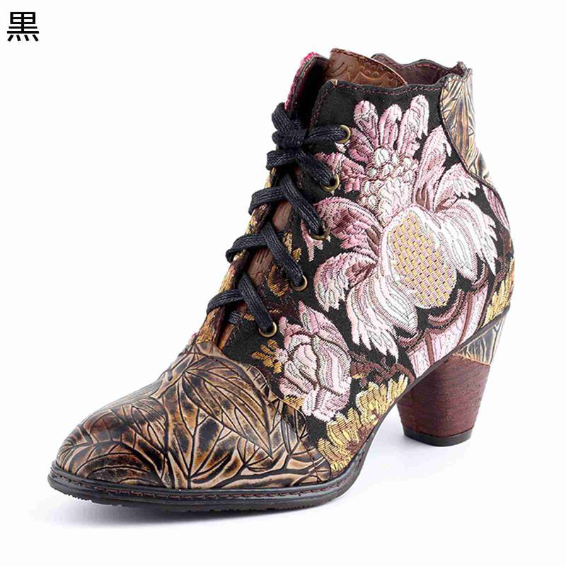 ショートブーツ 本革 レザー 刺繍 花飾り 大きいサイズ 花柄 レディース レースアップ 短靴 アーモンドトゥ ミドルヒール ファスナー 粗いかかと 秋冬 かわいい オシャレ エレガント