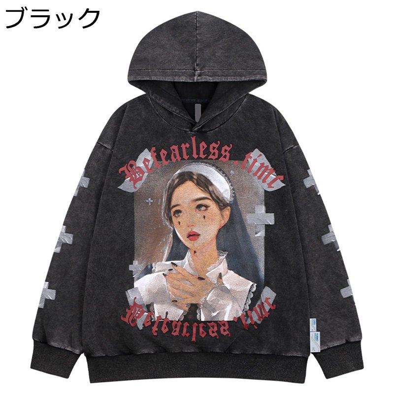 パーカー プリント フルオーバー 長袖 メンズ トレーナー ビンテージ? レディース カップルルック フード付き スウェット 秋冬服 キャラクター ゆったり 古着 個性的 原宿風 b系 通学 運動
