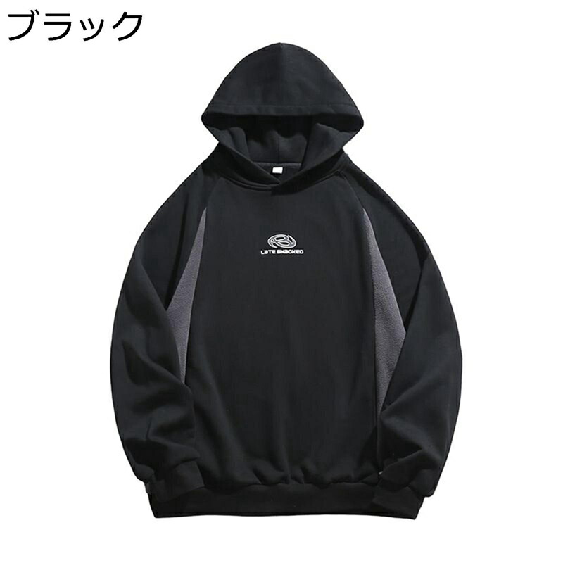 パーカー メンズ フード付き プルオーバー 秋服 オーバーサイズ 長袖 上着 かっこいい ペアルック スウェット ポーラーフリース ラグランスリーブ コットン 切り替え カジュアル ストリート 散歩 個性